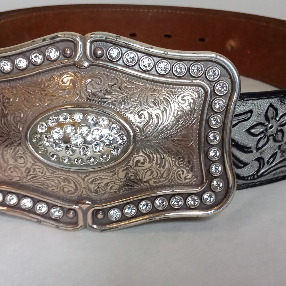 Justin Boots Ladies Belt Western Silver Black Rhinestone Buckle Size 34 - Picture 1 of 16